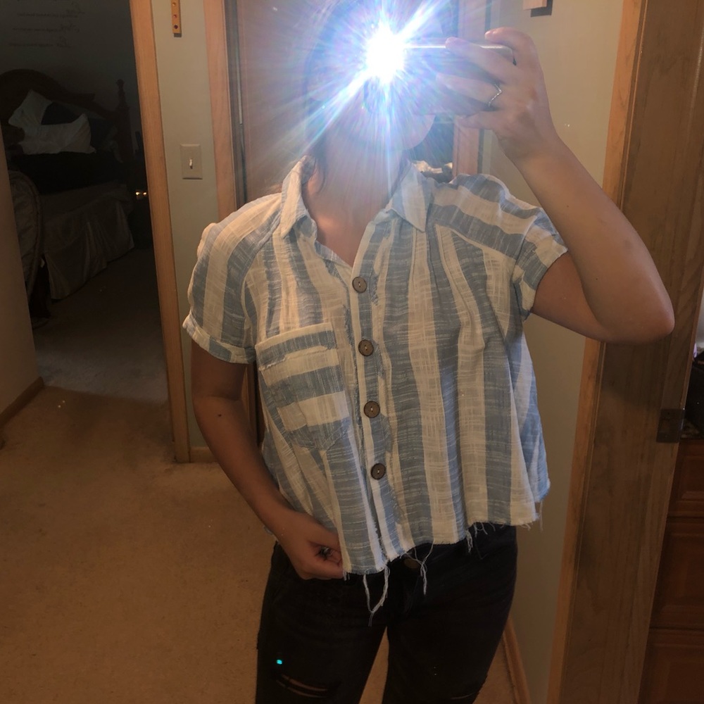 Free People Blue and White Button Up Collared Shir